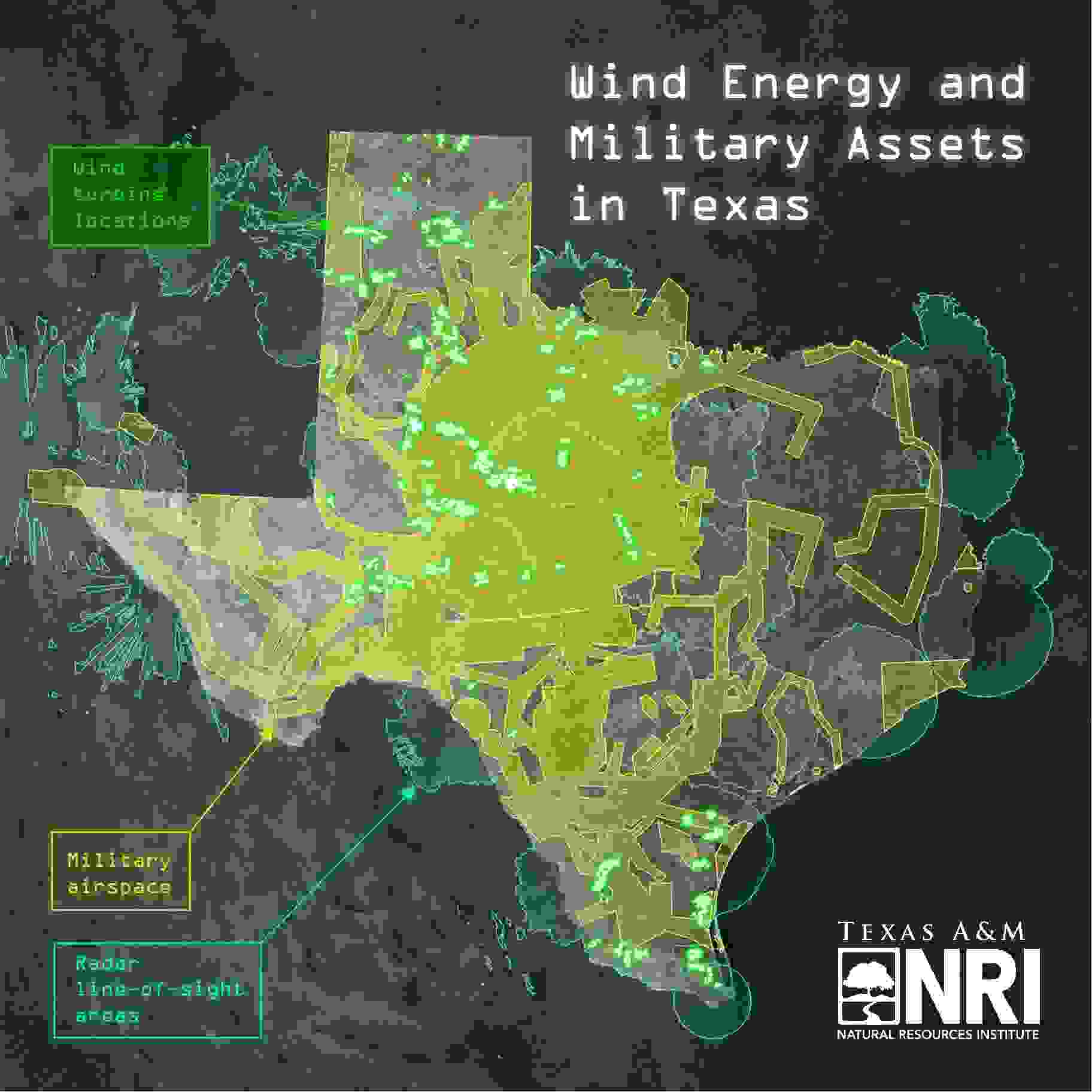 The convergence of military assets and wind energy development highlights the need for engagement between stakeholder groups—here we emphasis the overlap of both. Wind turbines have been accentuated so they would be visible at statewide level.   