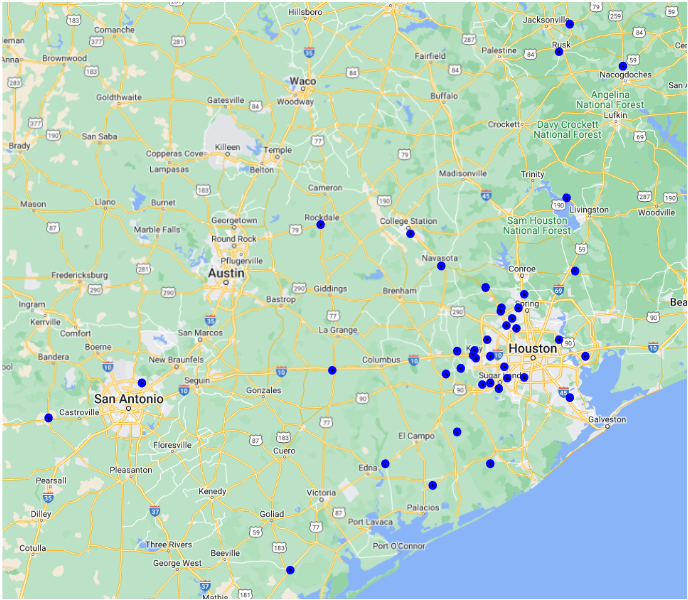 Blue dots on the map represent a school’s campus location that attended the Seven Lakes FFA CDE. 