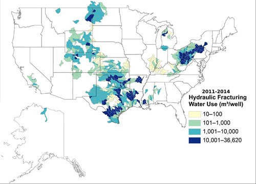 A map showing where water has been consumed for hydraulic fracturing.