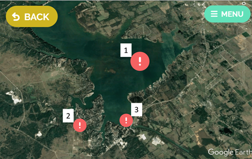 A Google Earth image of the Brazos River, showing 3 "challenges" labeled with icons.