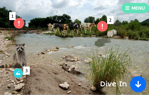 An image showing a bankside view with 2 mussel challenges and 1 ecosystem role indicated by icons.