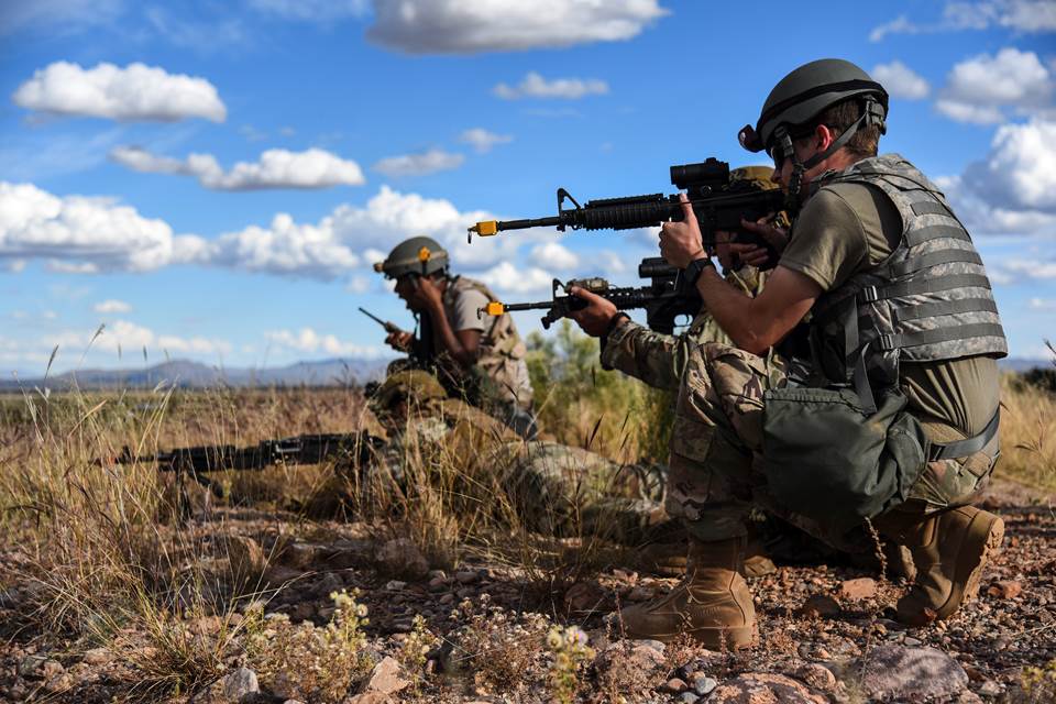 Airmen of the 355th Wing respond to a simulated attack during Exercise Bushwhacker 19-08 at Libby Army Airfield, Ariz., Nov. 5, 2019. Photo By: Air Force Senior Airman Mya M. Crosby 
