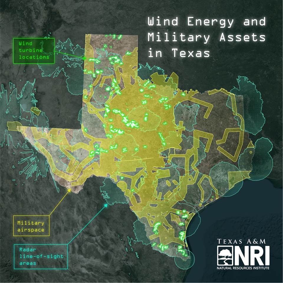 The convergence of military assets and wind energy development highlights the need for engagement between stakeholder groups—here we emphasis the overlap of both. Wind turbines have been accentuated so they would be visible at statewide level.   