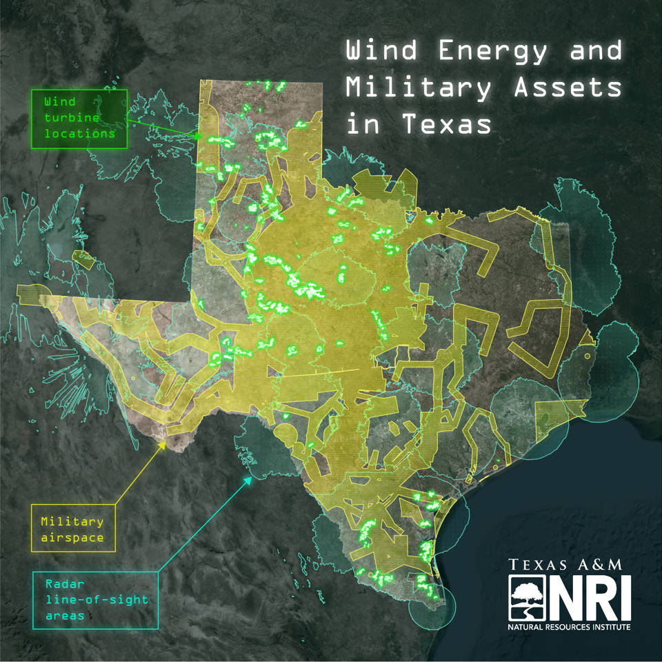 The convergence of military assets and wind energy development highlights the need for engagement between stakeholder groups—here we emphasis the overlap of both. Wind turbines have been accentuated so they would be visible at statewide level.   