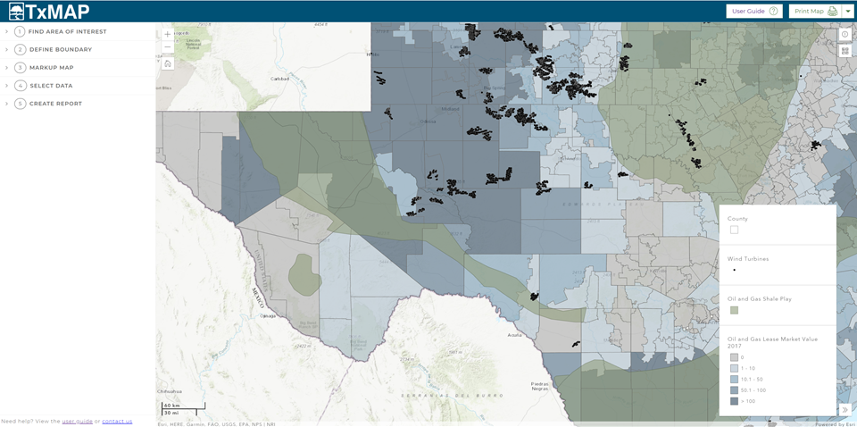 Land trends and demography datasets highlighting energy production and resources in west Texas.