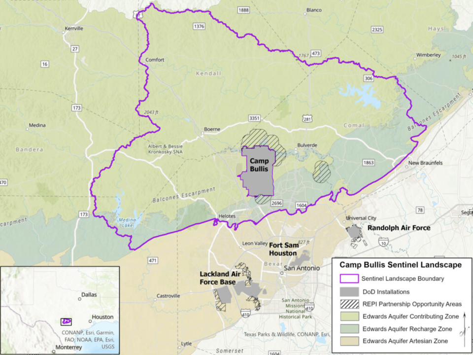 Established in 2022, the Camp Bullis Sentinel Landscape is conserving the ecological health and perpetuity of private agricultural lands amid the rapidly urbanizing region surrounding Joint Base San Antonio-Camp Bullis. (Texas A&M Natural Resources Institute)