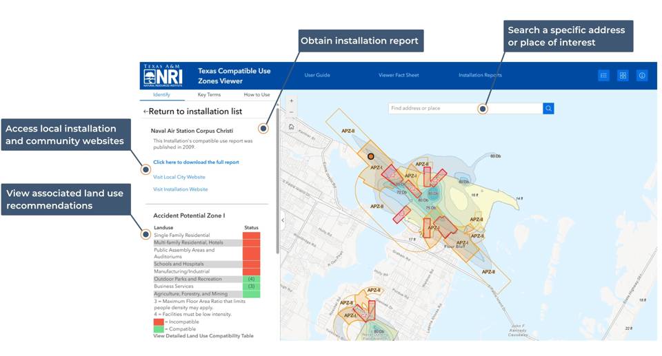 Example Texas Compatible Use Zones Viewer results page for Naval Air Station Corpus Christi. 
